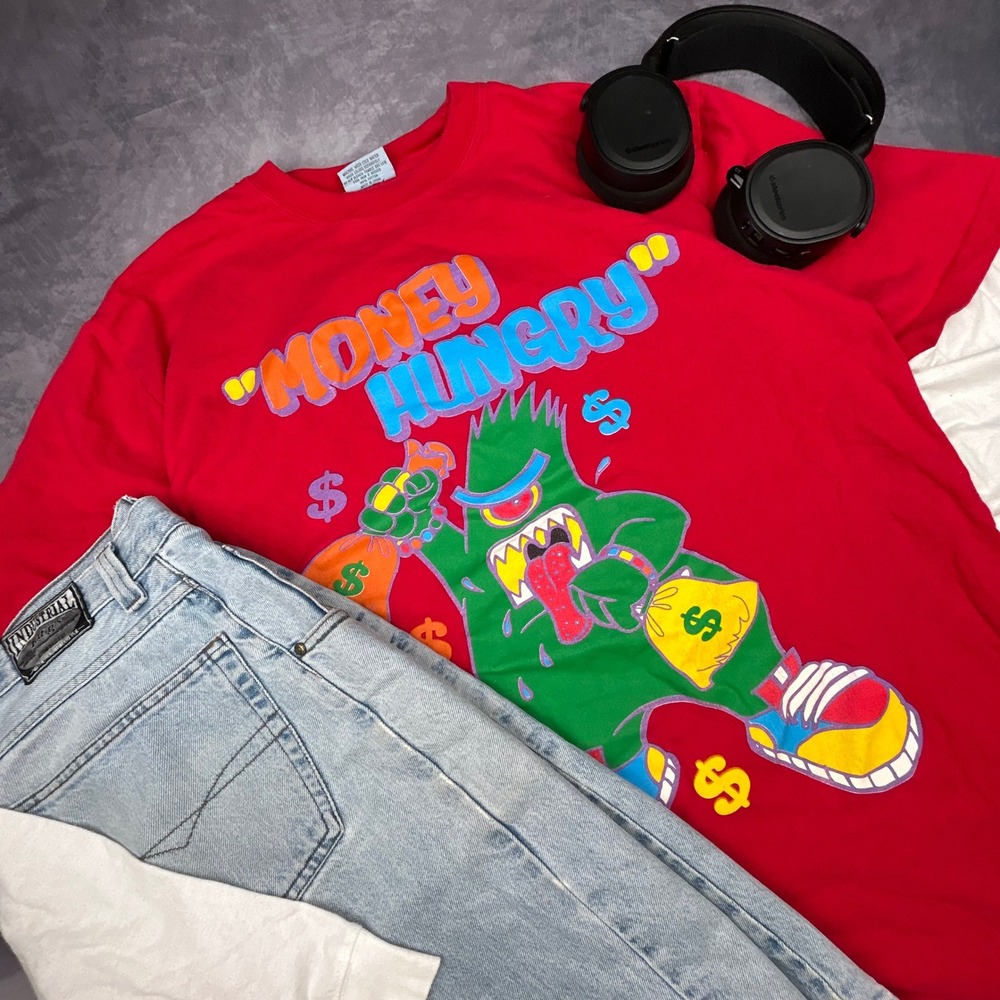 Vintage Russo Wear Money Hungry Graphic Tee Red Y2K Streetwear 2XL Heavy Duty - Picture 6 of 6